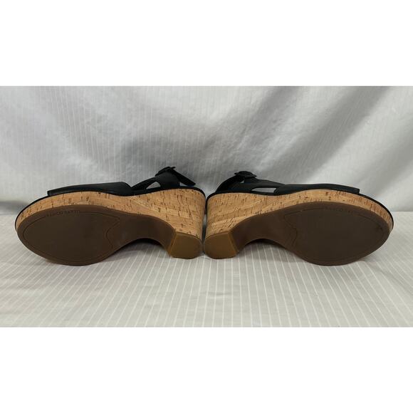 Franco Sarto Black Leather Peep Toe Cork Wedge Sandal Reg Size 6.5 - Picture 4 of 8